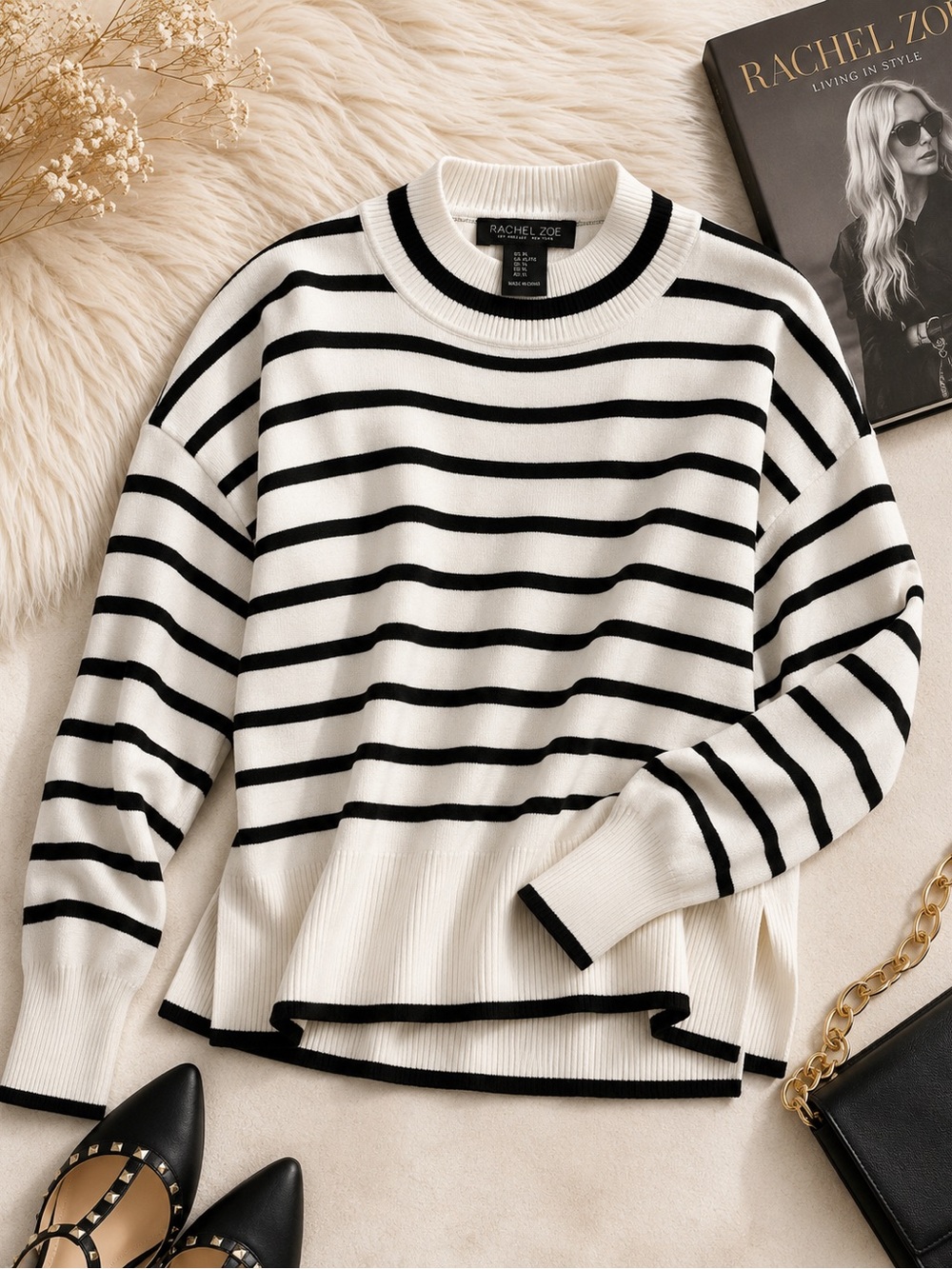 Rachel Zoe White Crewneck Sweater with Black Stripes